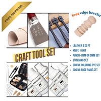 A promotional image featuring a set of leather crafting tools including a leather sheet, cutting tool, punching tool, stitching set, coloring dye set, and edge paint set, with a free wood edge beveler included.