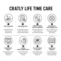 A promotional infographic titled 'CRATLY LIFE TIME CARE' with eight numbered service icons and short text about brass stamp care, including polishing, inspection, priority repair, replacement discount, digital proof service, manufacturing facility, and care manuals.
