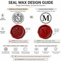 Seal wax design guide comparing complex and detailed designs with clean and bold designs.