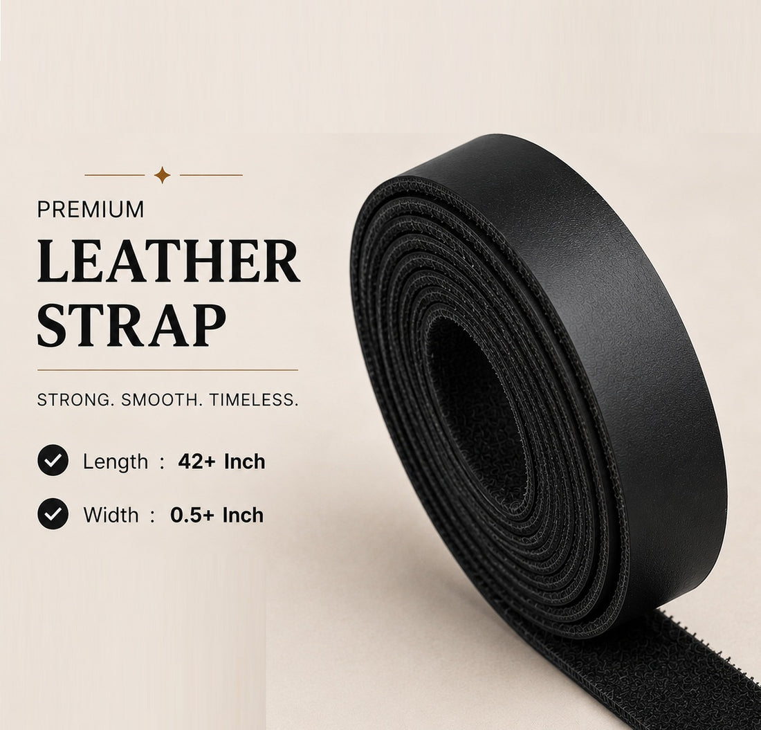 A roll of premium black leather strap shown on a light beige background with text listing product details: length 42+ inch, width 0.5+ inch.