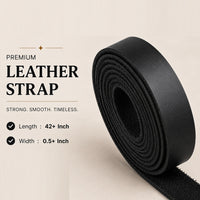 A roll of premium black leather strap shown on a light beige background with text listing product details: length 42+ inch, width 0.5+ inch.