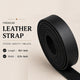 A roll of premium black leather strap shown on a light beige background with text listing product details: length 42+ inch, width 0.5+ inch.