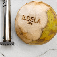 Coconut with 'ILDELA 1918' branding next to a metal tool on a white background