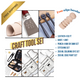 A promotional image featuring a set of leather crafting tools including a leather sheet, cutting tool, punching tool, stitching set, coloring dye set, and edge paint set, with a free wood edge beveler included.