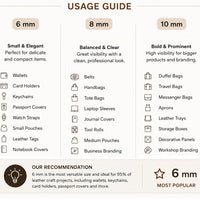 A usage guide infographic comparing 6 mm, 8 mm, and 10 mm leather strap sizes, with icons and text listing suitable items such as wallets, belts, tote bags, laptop sleeves, and messenger bags. It includes a recommendation box and a popularity badge.