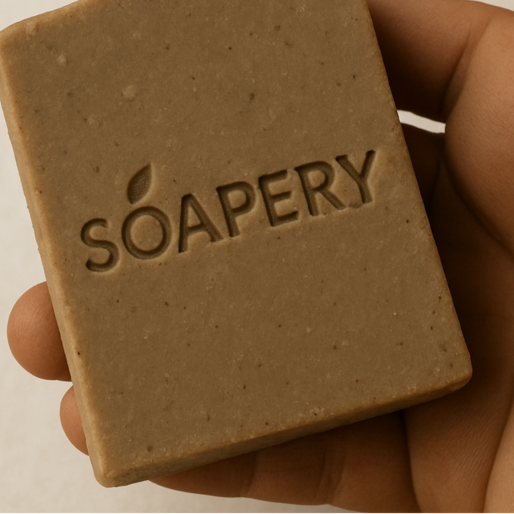 Bar of soap with 'SOAPERY' branding held in a hand against a neutral background