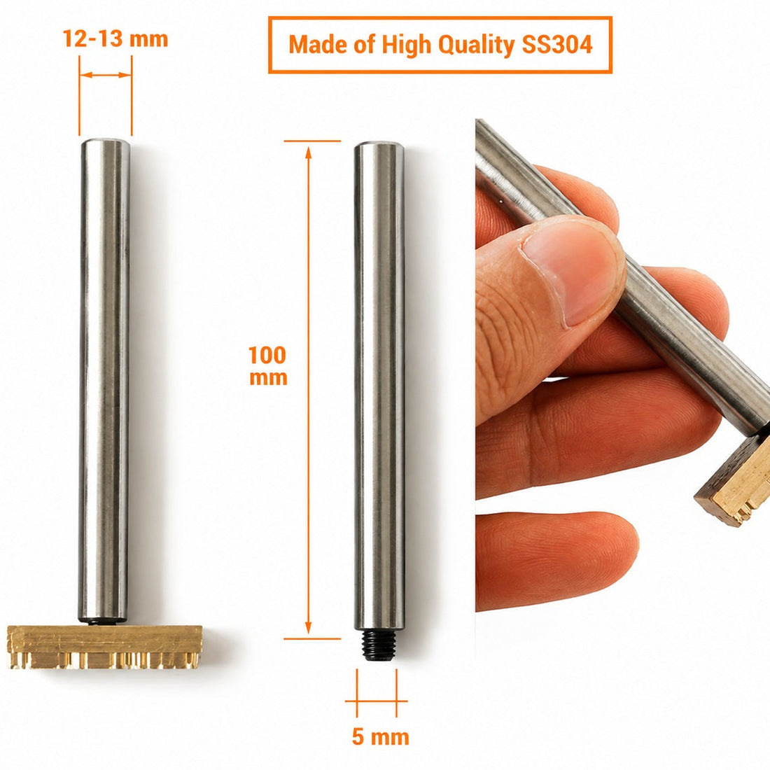 Metal tool with bristle brush attachment, showing dimensions and material quality on a white background.